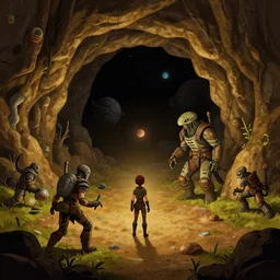 in front of a cave entrance, on an alien planet, from a space themed point and click 2 d graphic adventure game, set design inspired slightly by hg giger and tomb raider, art inspired by thomas kinkade and bill alexander