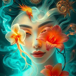 3 d close up swirly portrait!! of the face!! of a beautiful goddess!! with translucent nautilus jellyfish phoenix bird and giant orchid flower and giant gladiola surrounded by smoke and water fire energy flow, highly detailed. octane render, excellent composition, by wlop, tooth wu, greg rutkowski, beeple. teal and orange
