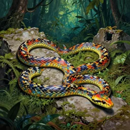 multicoloured snake crawling on ruins in jungle, elegant, high quality, striking, high contrast, very detailed, bright colours, smooth, fluid, coherent, high quality, dramatic lighting, by brom and magali villeneuve and mucha