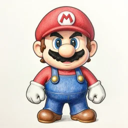 chibi the witcher mario, pencil art on paper, highly detailed, looking defiantly at the camera, front!!, front look!!, mario face!!, geralt body!!, nintendo style!!, caricature, funny