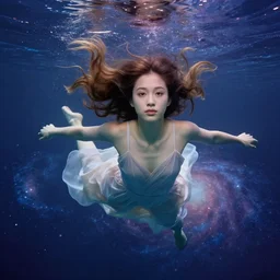 full - length portrait of a dancer floating underwater, with long flowing hair, with cute - fine - face, pretty face, realistic shaded perfect face, underwater, wearing a flowing sundress, swimming through a galaxy, fantasy, cinematic, fine details by realistic shaded lighting poster by ilya kuvshinov katsuhiro otomo, magali villeneuve, artgerm, jeremy lipkin and michael garmash and rob rey