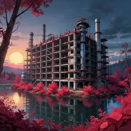 a beautiful detailed painting of architecture urbex unfinished building building laboratory industrial architecture by ludwig mies van der rohe, fisheye rainforest studio ghibli infrared flowers dramatic lighting synthwave neon noir magic realism lake darkacademia morning sun anime sunset nature at dusk, archdaily, wallpaper, highly detailed, trending on artstation.