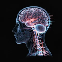x - ray of human head, brain, spine, nervous system, black paper, negative space, glitchcore, circuitry, sculpture physical based render, redshift, cybernetic flowerpunk, futurism, paranoid critical method, holography, hyper - maximal, surrealism