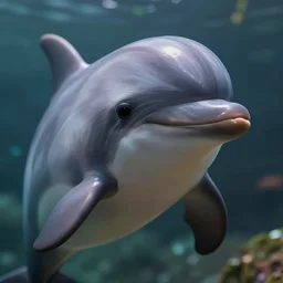 very beautiful portrait of an extremely cute and adorable little dolphin, smooth, perfect face, fantasy, character design by mark ryden and pixar and hayao miyazaki, sharp focus, concept art, intricate detail, cinematic lighting, hyperrealistic, 5 0 mm, diorama macro photography, 8 k, nature background