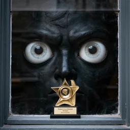 black figure looking through window, massive creepy white eyes, award - winning 4 k photography