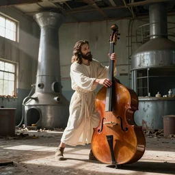 jesus playing the double base in an abandoned cookie factory