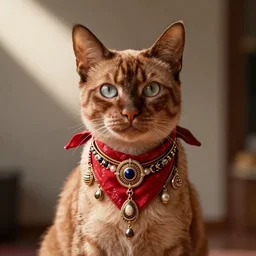 a burmese cat with ginger fur, with a red bandanna around its neck and lots of mediterranean jewellery