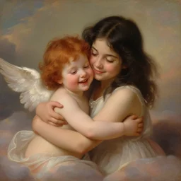 black haired girl hugging a ginger girl and smiling, beautiful, innocent, angelic, happy, warm, soft lighting, in the clouds, renaissance, beautiful, cherubic, oil painting