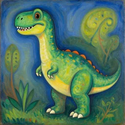 a portrait of a dinosaur, central composition, very cartoon, shape focus, high detailed, by tarsila do amaral