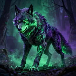 super detailed 8 0's horror art of a glowing green and purple werewolf