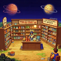 inside a general store, in a remote outpost, on a remote planet, from a sierra point and click 2 d graphic adventure game, art inspired by [ thomas kinkade ] and mark keathley