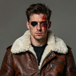 a man with a black eye and bloody face wearing a brown leather jacket with a white fur collar. art by tomasz alen kopera and glenn fabry.