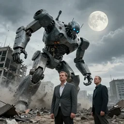 a ivan shishkin and simon stalenhag photo of an enormous robot crashing a building, the sky is cloudy. the moon is full.