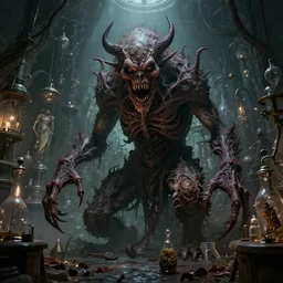 terrible monster from the depths of the subconscious in the alchemist's laboratory, ultradetail, horror atmosphere, beksinski, zavadski, mucha, moebius, epic, octane render, excellent composition, gloomy, 8 k