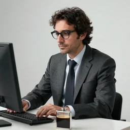 photographic portrait of an Italian man, 40 years old, dark wavy hair, glasses, stubble, wearing a suit and tie, working at a computer, small flask of coffee on desk