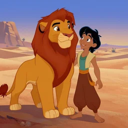 cartoon classic still from Disney\'s The Lion King 1994 but in aladdin, desert