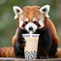 A small red panda drinking bubble tea
