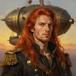 portrait painting of a handsome face rugged long hair crimson hair male captain, top half portrait soft hair steampunk ornate mechanical zeppelin airship in the background sky sunset golden hour fantasy rugged book cover art atmospheric lighting art by mullins rutkowski bussiere