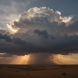 a beautiful picture of a dark turbulent cloud looming on the horizon in a desert with god rays breaking through the cloud, intricate detail, impending doom, sunset, serene, haze, volumetric lighting, volumetric clouds, 8 k, hyperrealistic, digital art trending on artstation