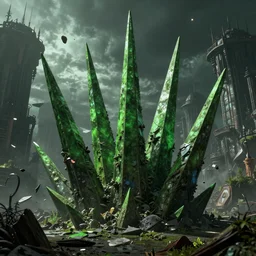giant thick green Spikes grow angular out of the ground in a gothic medieval cyberpunk city, debris flying around, the feeling of grimdark terror and pain, high quality, detailed, 8k, unreal engine, octane render, trending on artstation
