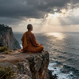 a monk sits alone on the cliff ledge in the lotus position looking out onto a vast ocean, by Ernst Haeckel