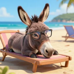 a donkey wearing cool glasses lying on a beach sun bed, digital art, amazing detail