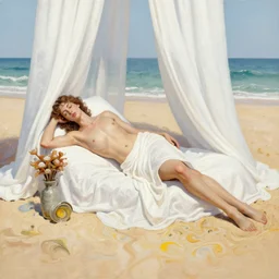 liquid marble acrylic paint from victorian era of beautiful model sleeping on the beach in white curtains