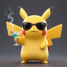 a 3d render of pikachu wearing sunglasses, smoking a cigarette and holding a martini