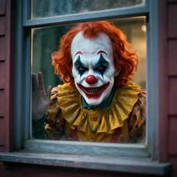 far away shot of a scary clown looking through your window, highly detailed, 8 k, hdr, smooth, sharp focus, high resolution, award - winning photo