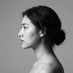 a side profile portrait photography of a woman. ultra contrast. black and white. centered in frame. highly detailed. hq. photoreal.