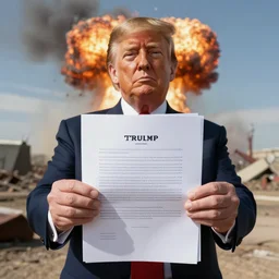 donald trump holding documents papers with a nuclear explosion and wasteland behind him realistic photo highly detailed
