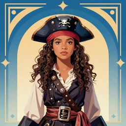 smart female pirate captain 2 6 years old, curly hair, fully clothed, wise, beautiful, portrait by stanley artgerm, dramatic lighting, trending on artstation, flat colour, geometric curves, gradient filter, art deco pattern, sharp focus