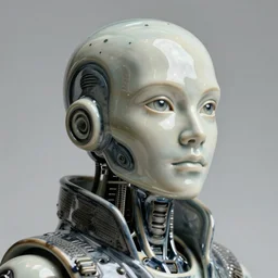 bladerunner, cyberpunk, full head,  facial portrait of a  delicate ceramic mech humanoid robot Spanish ninja looking to the sky with an attractive bald head and handsome features, large glowing eyes, macho, dotado, guapo, reflective surface, overwatch, trending on cgsociety, trending on artstation