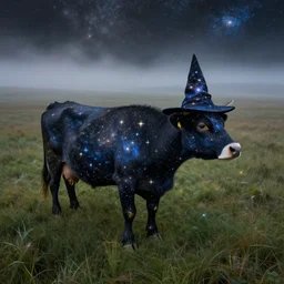 a detailed picture of a cow standing made of stars and nebulas in a grassy field wearing a witch hat in an absurdist style, cow wearing hat!!! viewed in profile and far away, fog in the background, ultrawide lens, aerial photography, black and blue color scheme with gold highlights, art by greg rutkowski and and rembrandt and alphonse mucha, artstation, 8 k