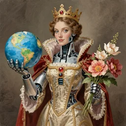 a royal portrait of a cyborg woman. she holds a globe in one hand and flowers in the other. illustrated by burton rice. 1 9 1 2.