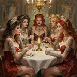 tattooed pinup girls sitting at table playing dnd, deep focus, intricate, elegant, highly detailed, digital painting, artstation, concept art, matte, sharp focus, illustration, hearthstone, art by artgerm and greg rutkowski and alphonse mucha.
