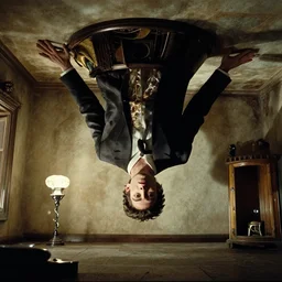 the creature inside the upside down house, film still from the movie directed by denis villeneuve with art direction by salvador dali, wide lens