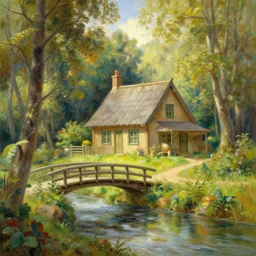 a breathtaking painting of a cottage in the woods, a bridge over a river by Thomas kinkade