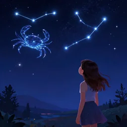 a girl looking at the cancer constellation made of stars at night, the crab in the sky can be seen perfectly, rossdraws, ilvya kuvshinov, artstation, maya, pixar, engine, vibrant colors