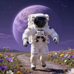 dashcam of an astronaut floating along a road of flowers with a pale purple planet I'm the sky
