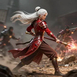 woman long tied back white hair in bun, damaged red armor top long sleeves with gold accents brown ribbon style corset brown long skirt cover legs, holding magical staff, shooting magic, middle of battle, full body, epic, d and d, cinematic, dynamic lighting, concept art, rich color, bioware, dragon age character wynne, by greg rutkowski