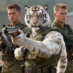 a award winning commission of a fit anthro albino soldier tiger shooting,digitalt art,hyperdetailed,photorealistic,art by greg rutkowski,character design by charles bowater,ross tran,deviantart,artstation,high detailed,cinematic,movie scene,detailed face