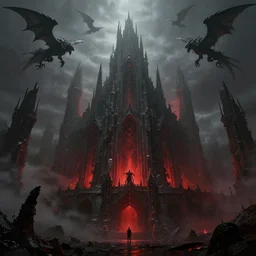 grimdark chaos fortress, ruined, terrifying architecture, looming, dark, fog, atmospheric red lighting, flying chaos creatures, dark souls, hyperrealistic, art by sparth