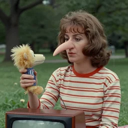 1970 woman on tv show with a long prosthetic snout nose, big nostrils, wearing a striped shirt in the park 1970 color archival footage color film 16mm holding a hand puppet Fellini Almodovar John Waters Russ Meyer Doris Wishman