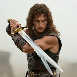cinematic still of a warrior with brown hair wielding a golden hilted sword in the style of 300 movie,