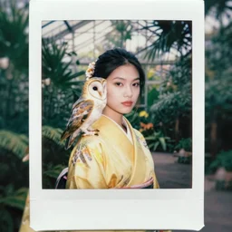 head to shoulder portrait Polaroid photograph of an elegant top model wearing a yellow kimono with a very detailed barn owl on her shoulder!!! in a tropical greenhouse. looking at the camera!!. super resolution. 85 mm f1.8 lens.bokeh. art by Alessio albi and ashley wood and Edmund Blair Leighton !  -
