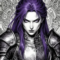 close up portrait of a pale woman in leather armor with purple hair, powerful, domineering, stoic, masterful, intense, ultrafine hyperdetailed illustration by kim jung gi, irakli nadar, intricate linework, sharp focus, octopath traveler, yoji shinkawa, highly rendered, detailed, concept art