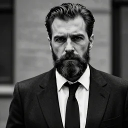 bearded rugged man, noir detective, suit and tie, 4 k, photo realistic, black and white