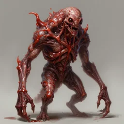 scifi portrait by Greg Rutkowski, hideous monster made of twisted human flesh and reddish ooze, lumpy bloated upper body with elongated, thin limbs like a mantis, small head like a ball with two empty holes for eyes, only human beings are its legs, vicious appearance, scifi, space horror, digital painting, artstation, concept art, smooth, sharp foccus ilustration, Artstation HQ.