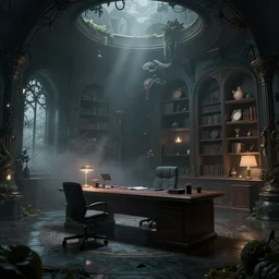magical mystical modern office, gloomy and foggy atmosphere, octane render, rembrandt, cgsociety, artstation trending, horror scene, highly detailded
